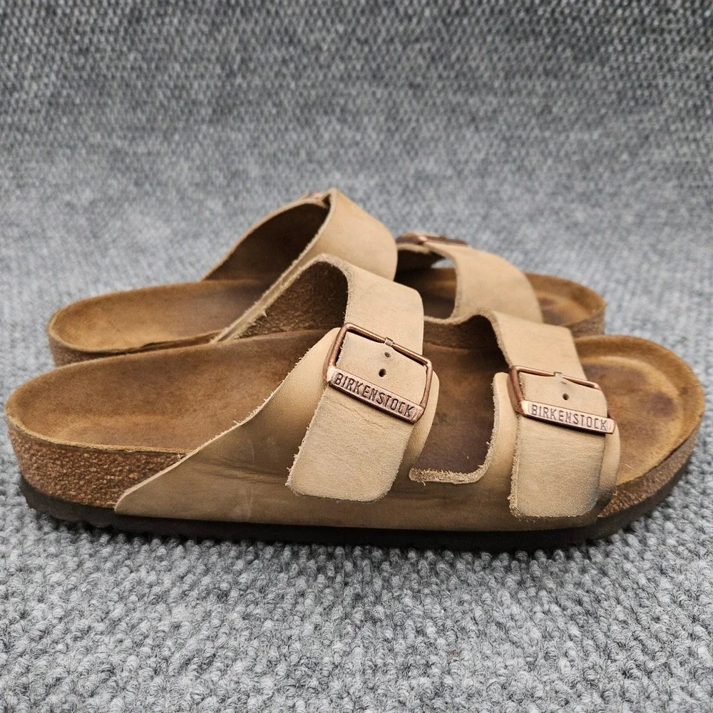 Birkenstock (Men's 43 US 10) Tan Sandals Arizona Leather Two Strap Slide Comfort